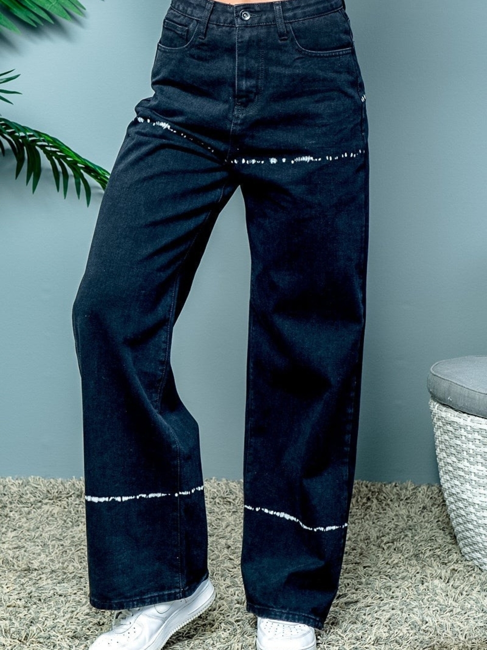 Women's Black Tie-Dye Detail Wide-Leg Jeans